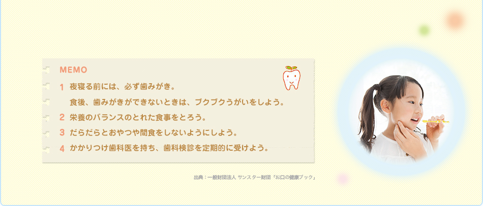 夜寝る前には、必ず歯みがき。食後、歯みがきができないときは、ブクブクうがいをしよう。栄養のバランスのとれた食事をとろう。だらだらとおやつや間食をしないようにしよう。かかりつけ歯科医を持ち、歯科検診を定期的に受けよう。