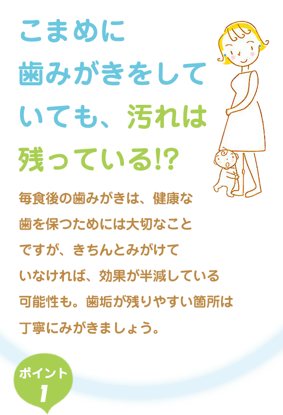 こまめに歯みがきをしていても、汚れは残っている！？毎食後の歯みがきは、健康な歯を保つためには大切なことですが、きちんとみがけていなければ、効果が半減している可能性も。歯垢が残りやすい箇所は丁寧にみがきましょう